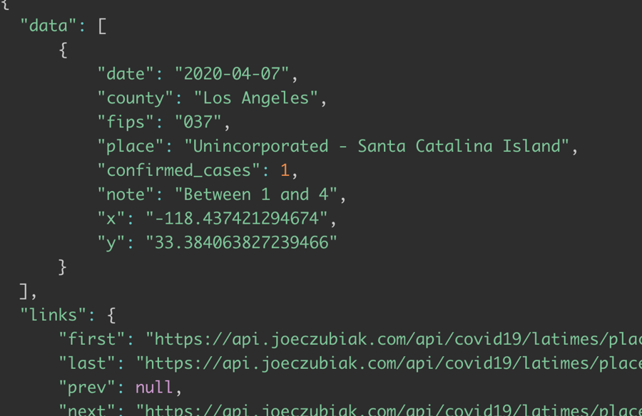 Image of sample API response from Joe's APIs